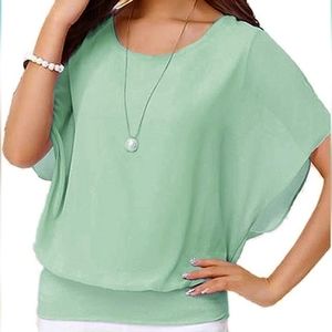 VIISHOW Women Short Sleeve Casual Chiffon Blouse- Teal